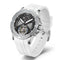 White watch with a transparent face on a white background