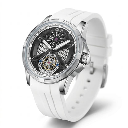White watch with a transparent face on a white background
