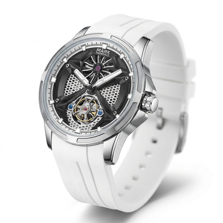 White watch with a transparent face on a white background