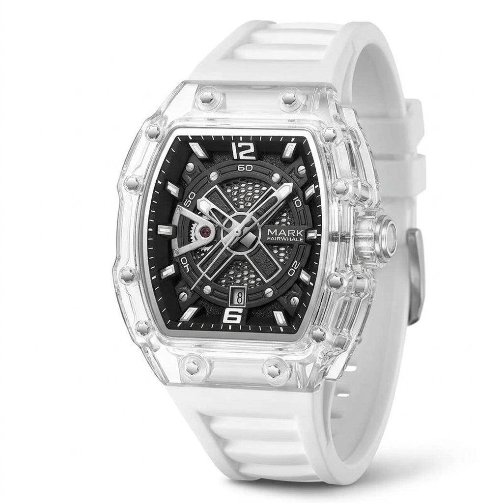 White watch with a transparent case on a white background