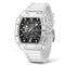 White watch with a transparent case on a white background