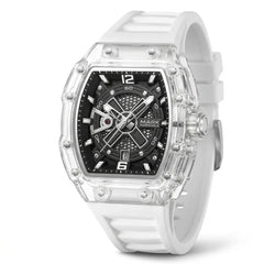 White watch with a transparent case on a white background