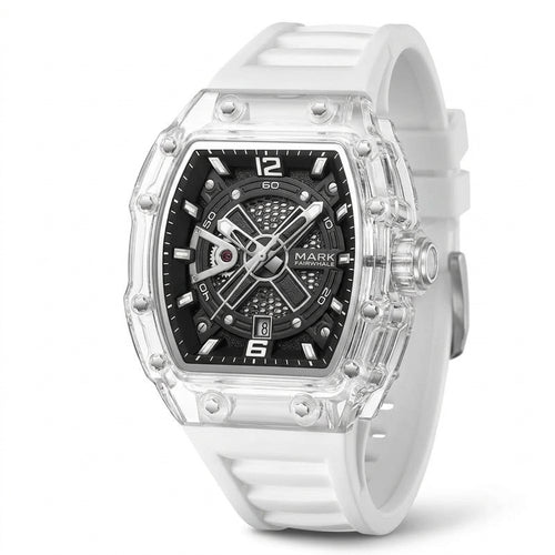 White watch with a transparent case on a white background