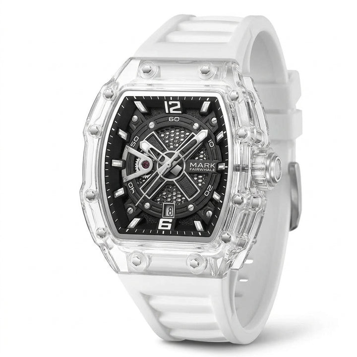 White watch with a transparent case on a white background