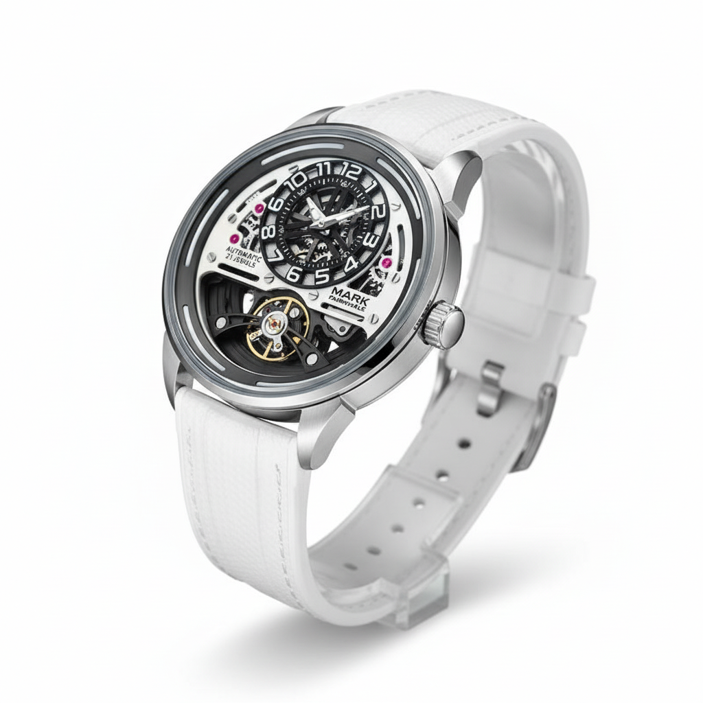 White watch with a transparent face on a white background
