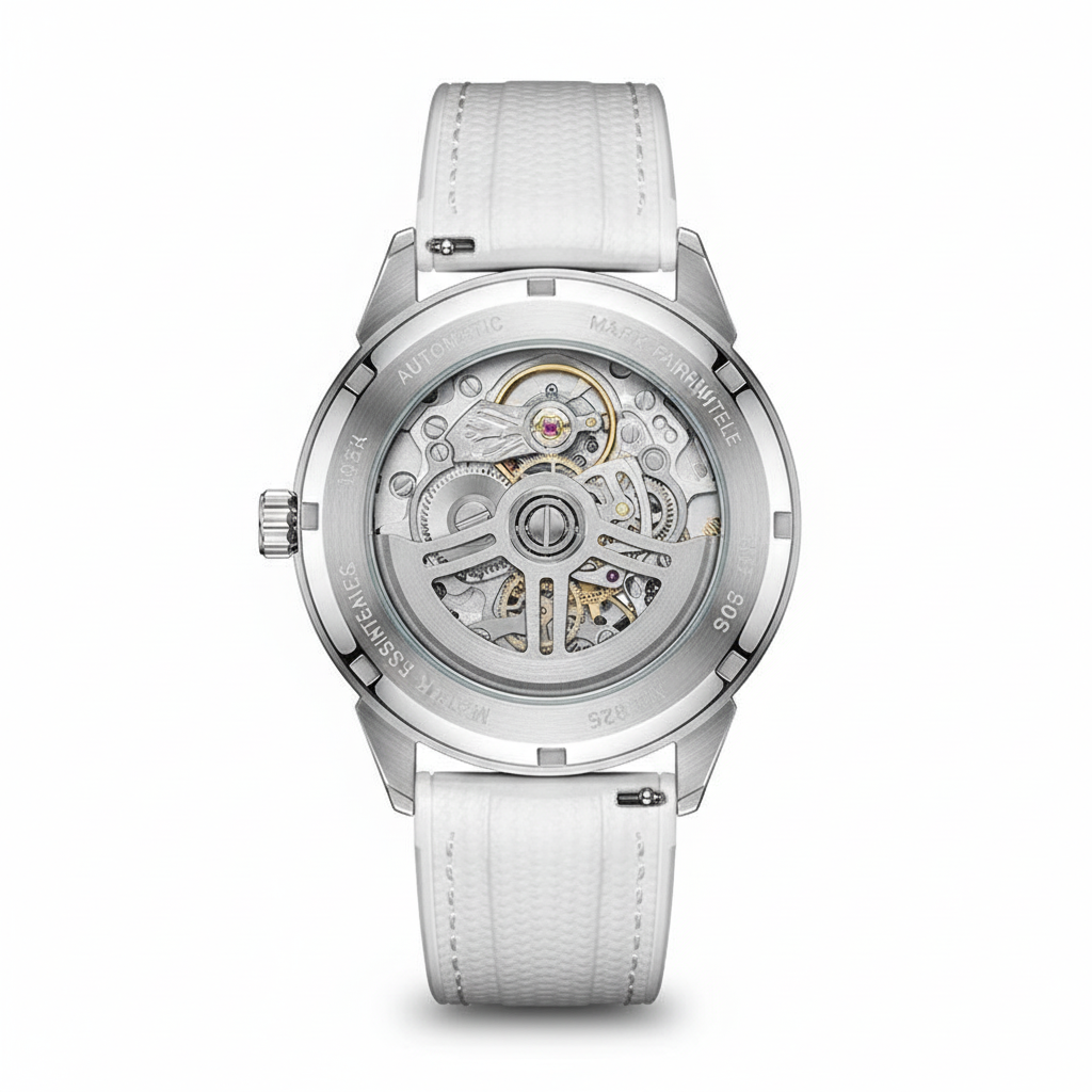 White watch with a visible mechanical movement on a white background