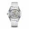 White watch with a visible mechanical movement on a white background