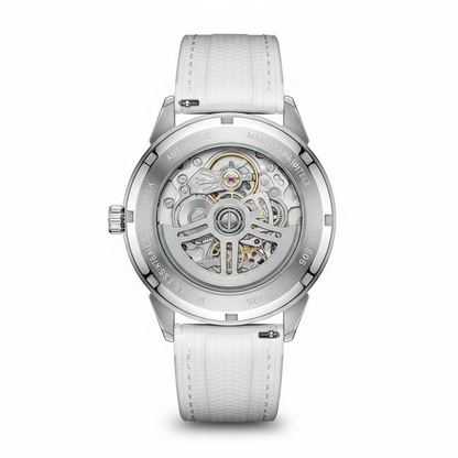 White watch with a visible mechanical movement on a white background