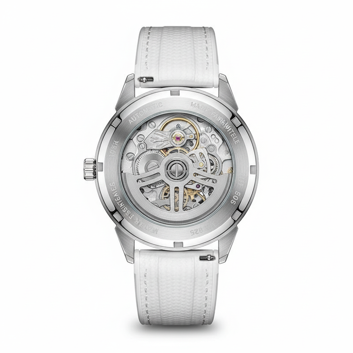 White watch with a visible mechanical movement on a white background