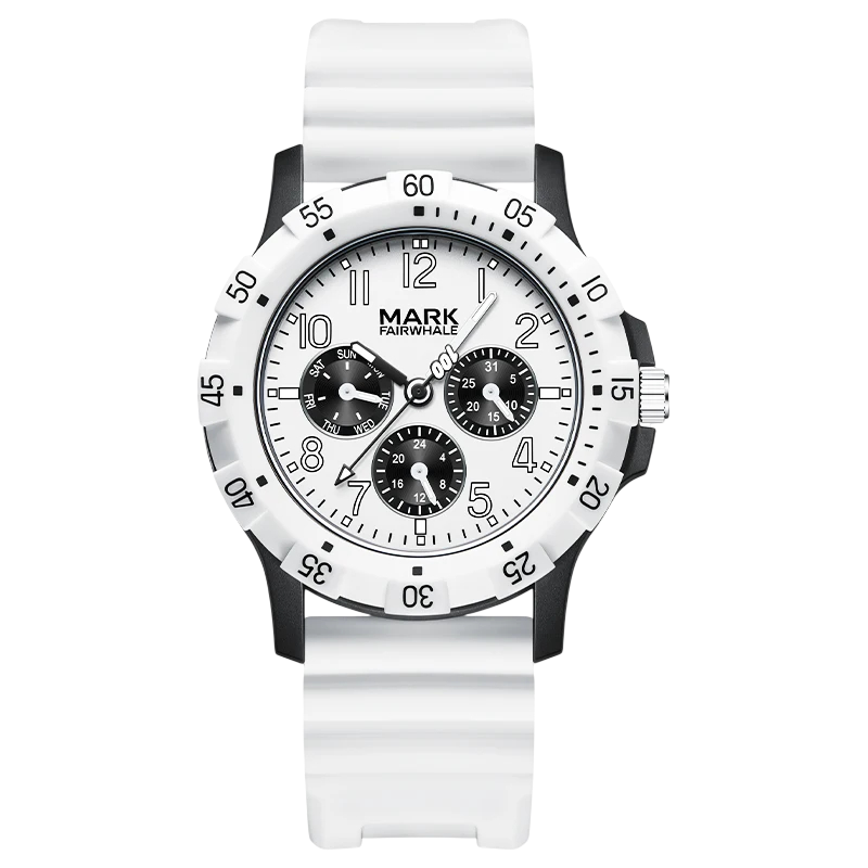 White watch with black accents on a white background
