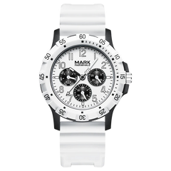 White watch with black accents on a white background