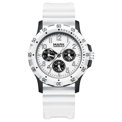 White watch with black accents on a white background