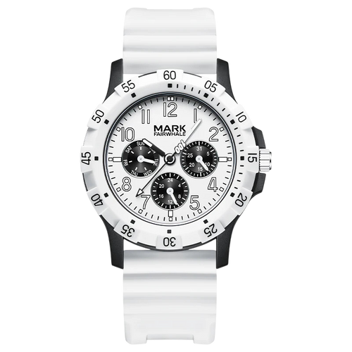 White watch with black accents on a white background