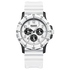 White watch with black accents on a white background