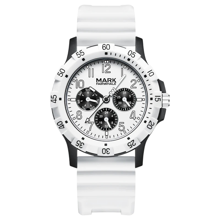 White watch with black accents on a white background