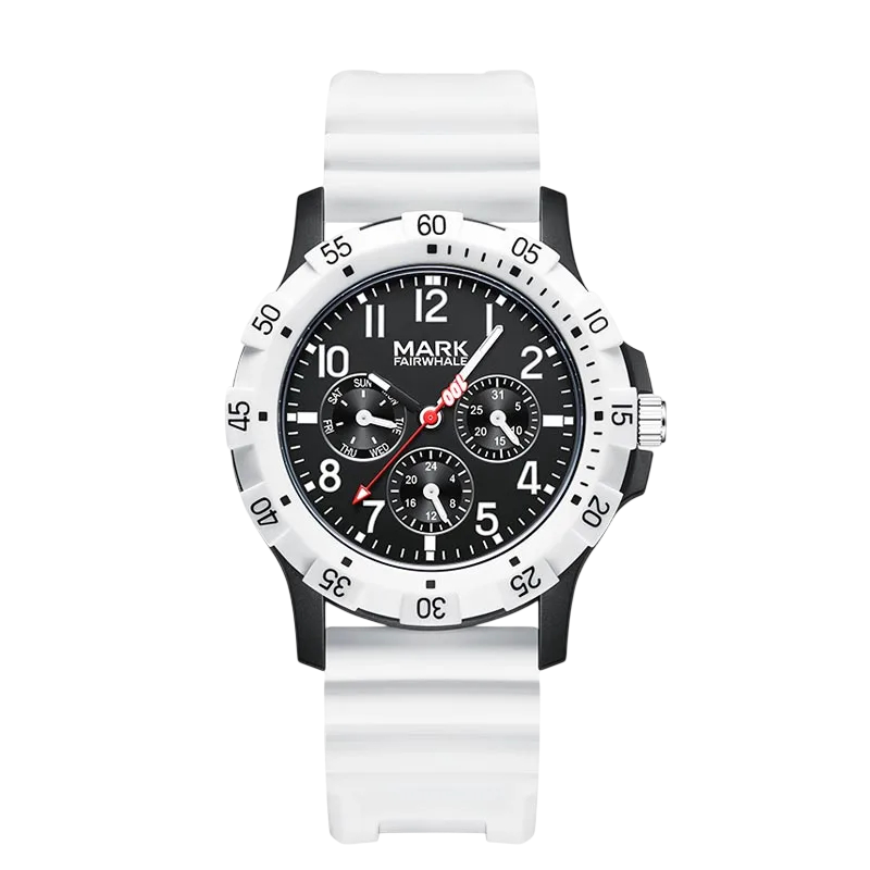 White watch with black dial on a white background