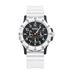White watch with black dial on a white background