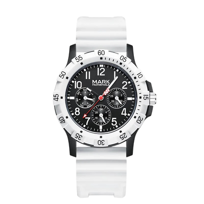 White watch with black dial on a white background