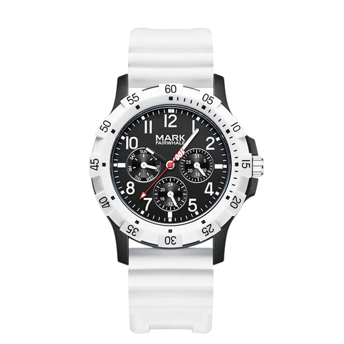 White watch with black dial on a white background