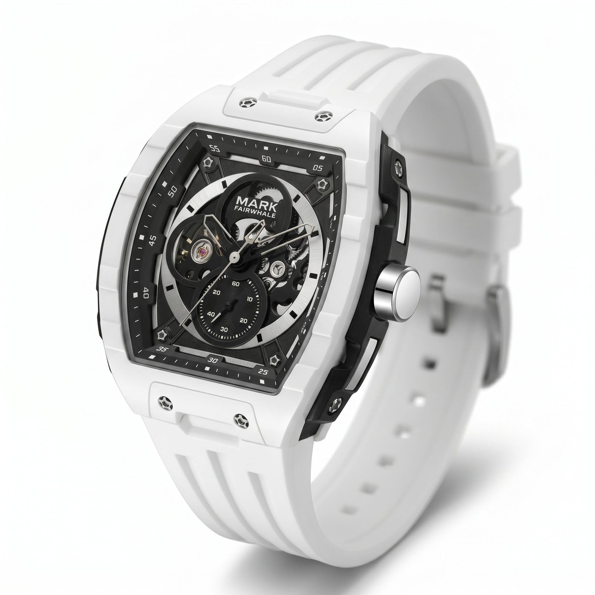 White watch with black face on a white background
