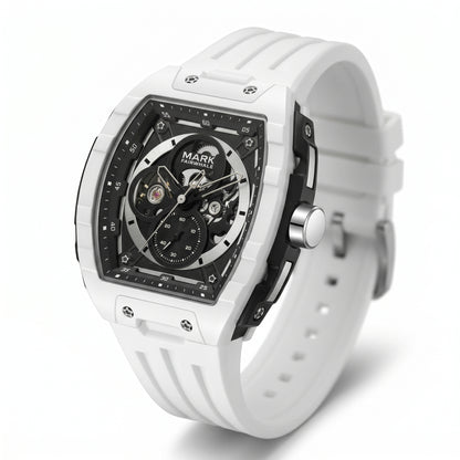White watch with black face on a white background