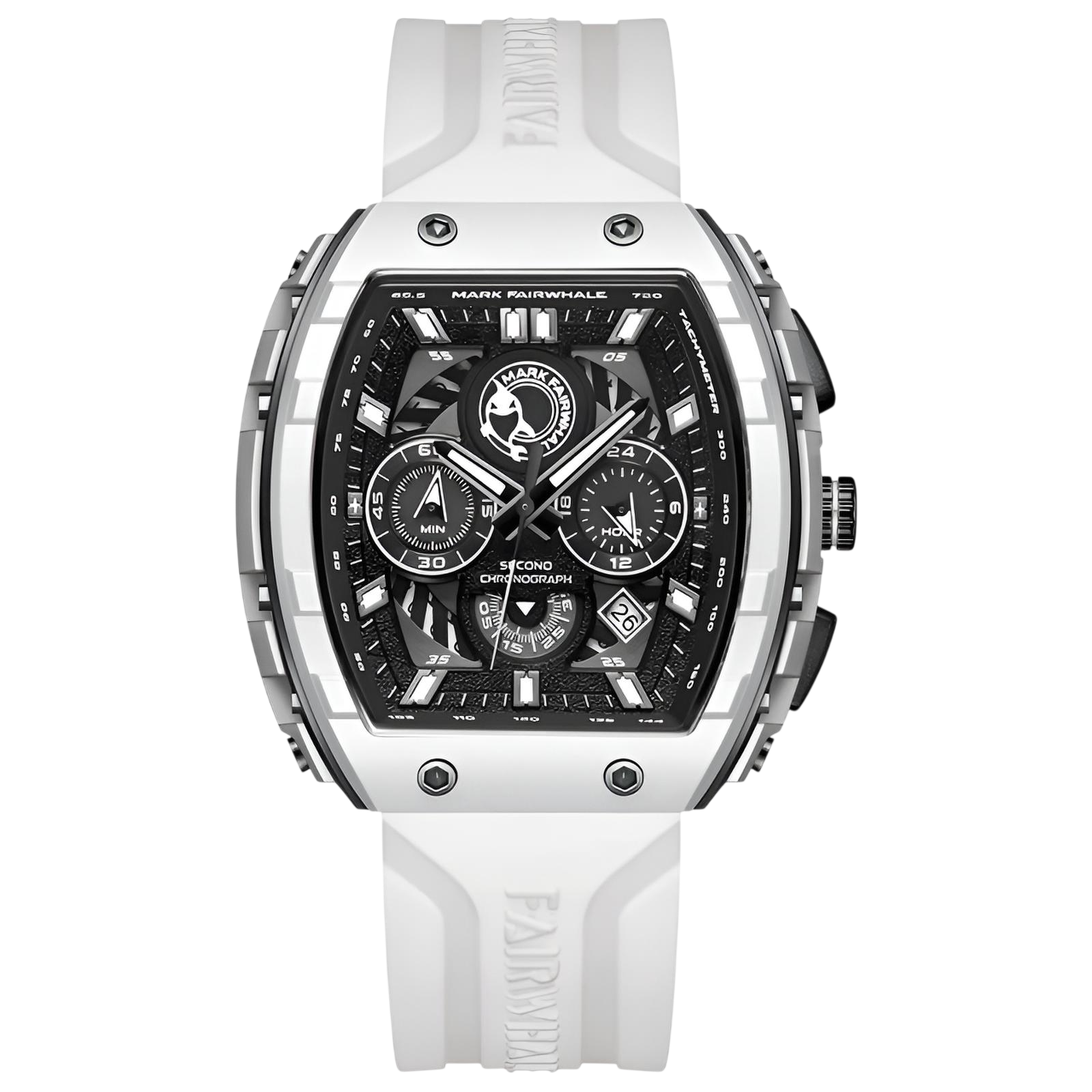 White watch with black face on a white background