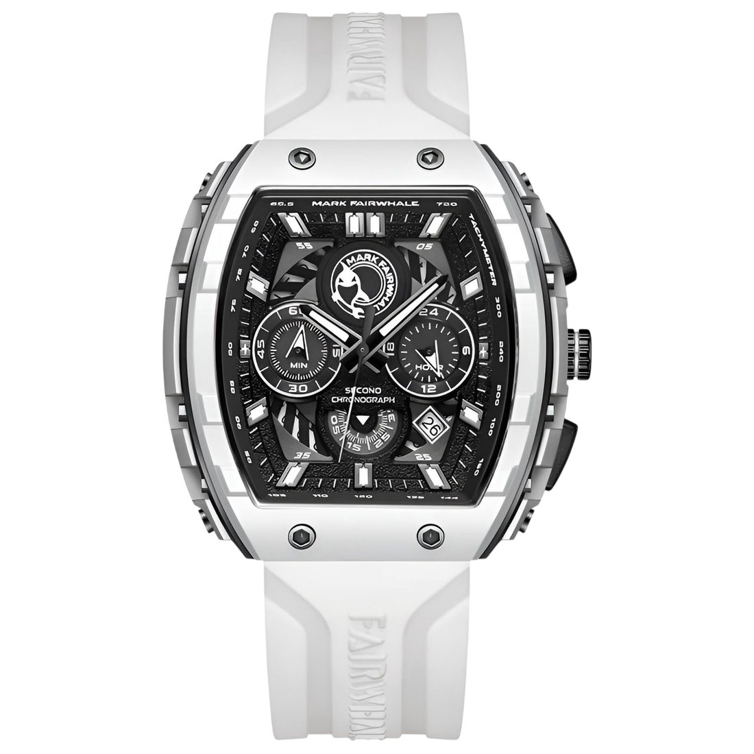 White watch with black face on a white background