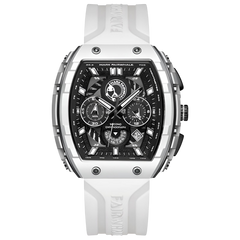White watch with black face on a white background