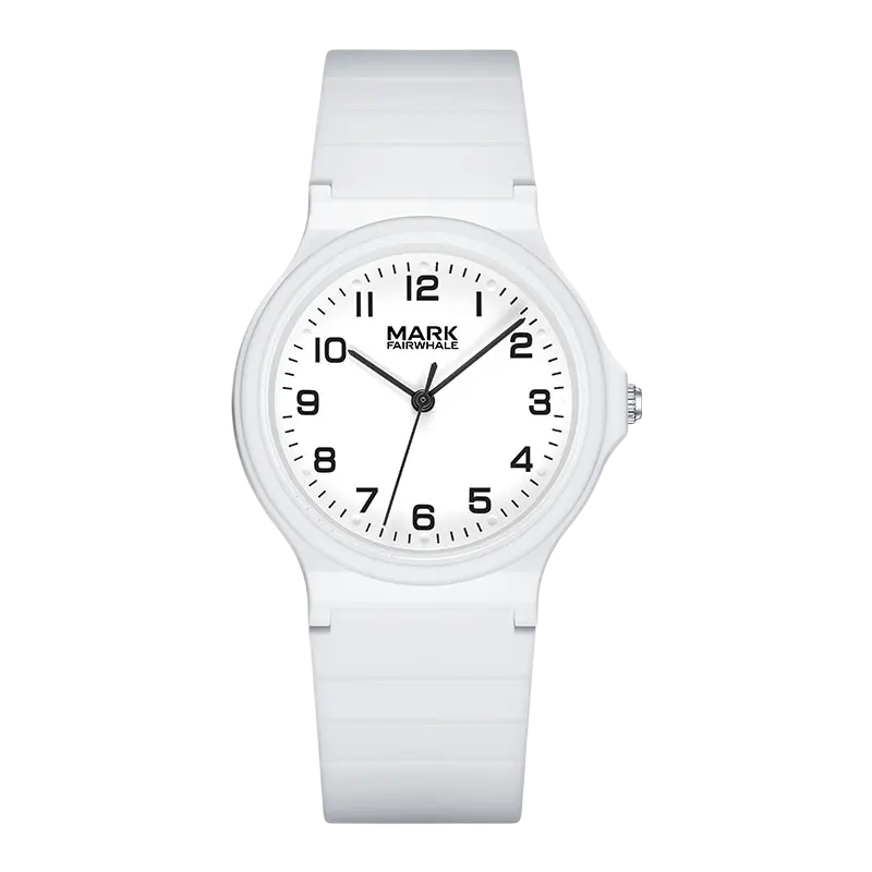 White watch with black markings on a white background