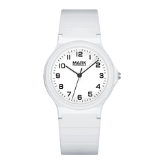 White watch with black markings on a white background