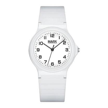 White watch with black markings on a white background