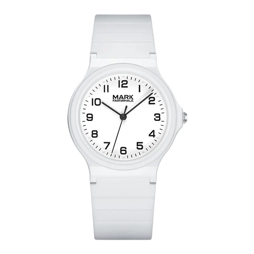 White watch with black markings on a white background