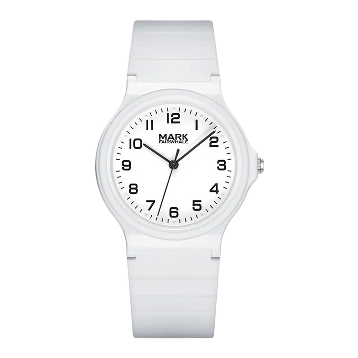 White watch with black markings on a white background
