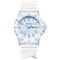 White watch with blue accents on a white background