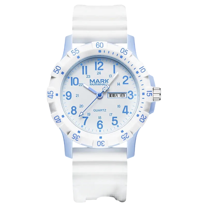 White watch with blue accents on a white background