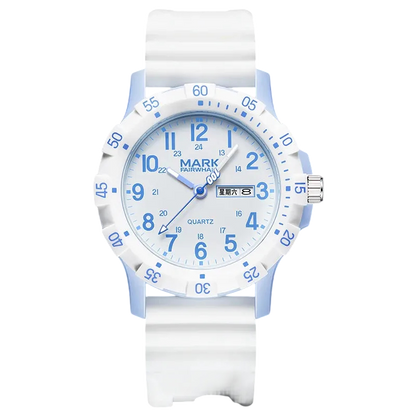 White watch with blue accents on a white background