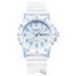 White watch with blue accents on a white background
