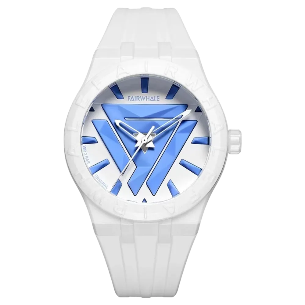 White watch with blue accents on a white background