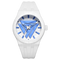 White watch with blue accents on a white background