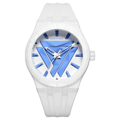 White watch with blue accents on a white background