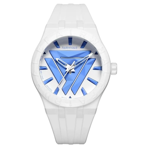 White watch with blue accents on a white background
