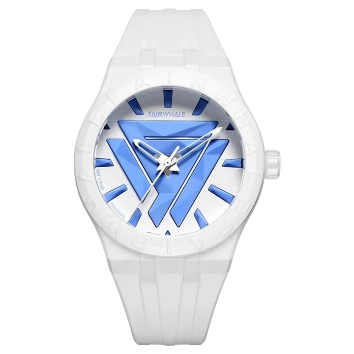 White watch with blue accents on a white background
