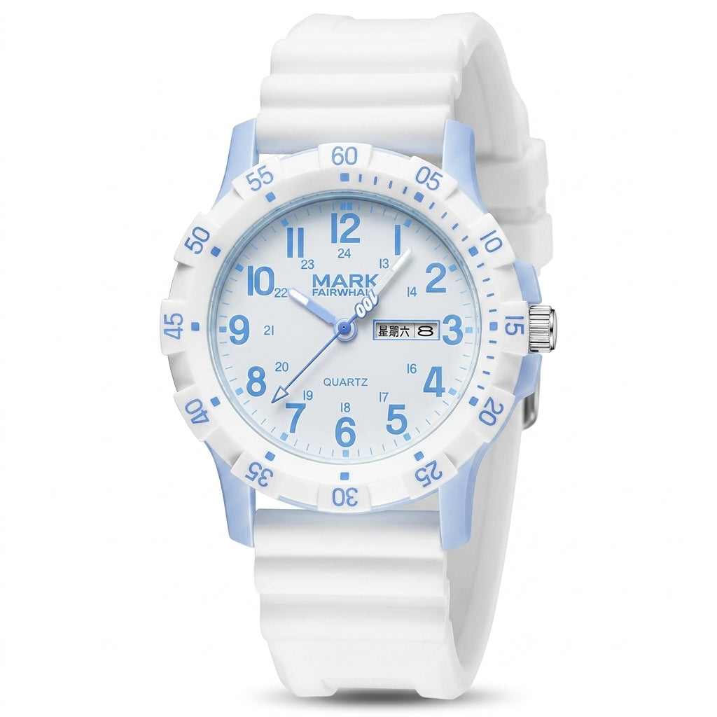 White watch with blue accents on a white background