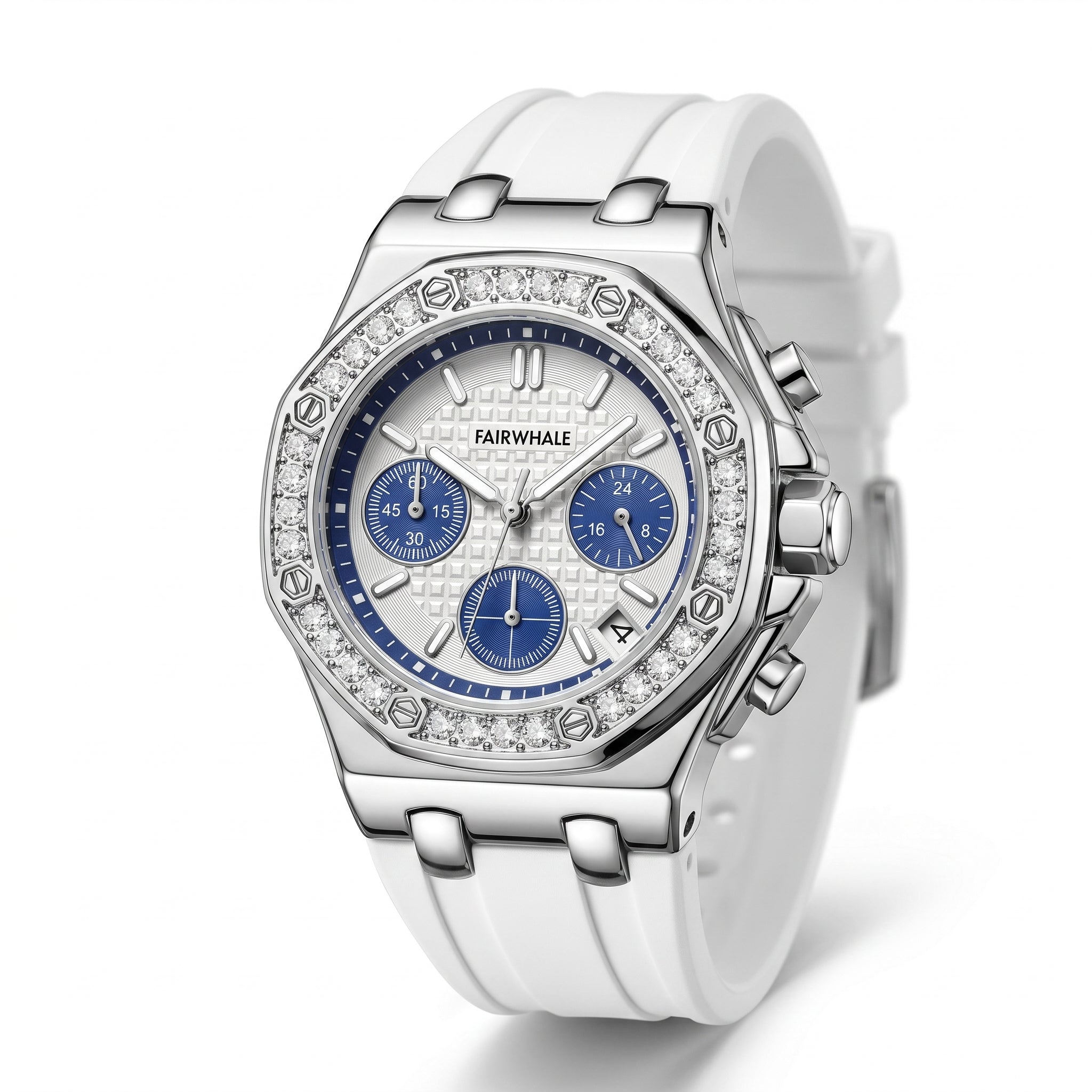 White watch with blue face and diamond accents on a white background