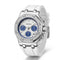 White watch with blue face and diamond accents on a white background