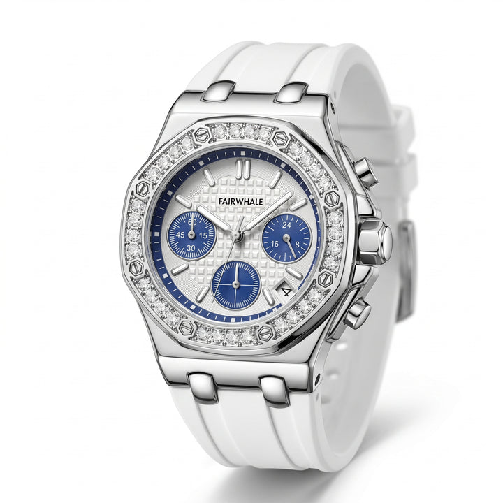 White watch with blue face and diamond accents on a white background