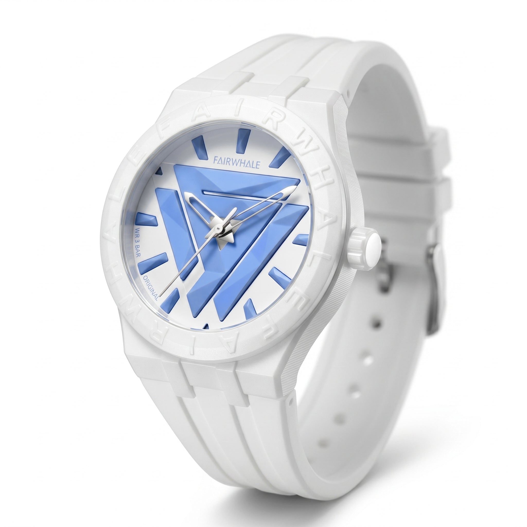 White watch with blue face on a white background