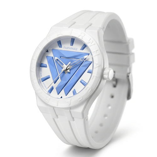 White watch with blue face on a white background