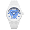 White watch with blue accents on a white background