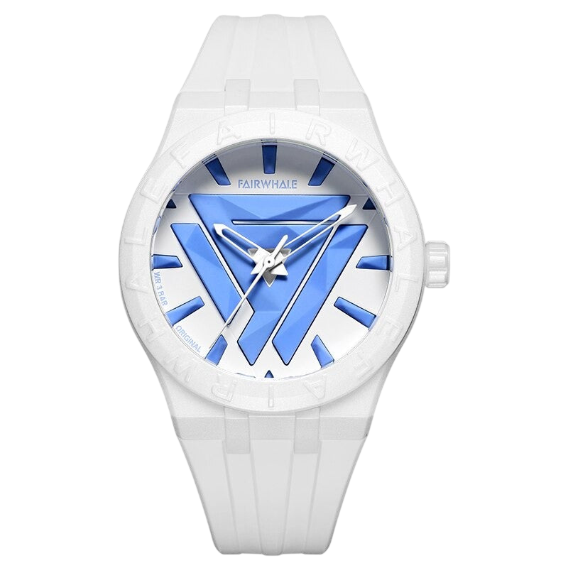 White watch with blue accents on a white background